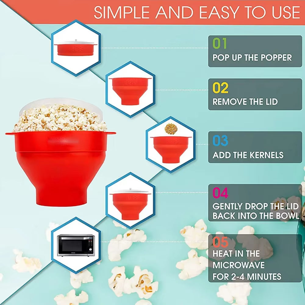 New Silicone Popcorn Maker Microwave Popcorn Bucket Foldable Silicone Popcorn Bucket Poppers Bowl DIY Popcorn-Maker with Lid